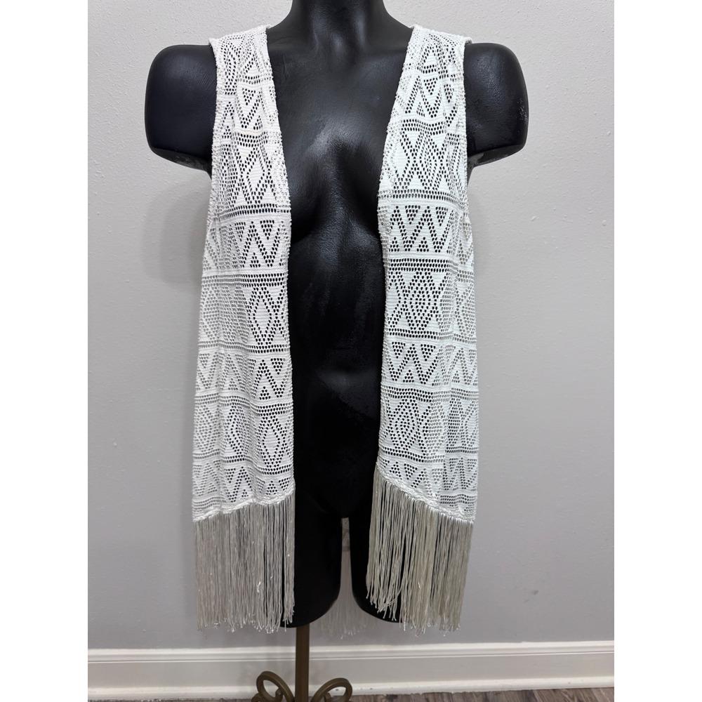 Eyeshadow Crochet Fringe Vest Women's XL White Open Front Boho Festival Indie